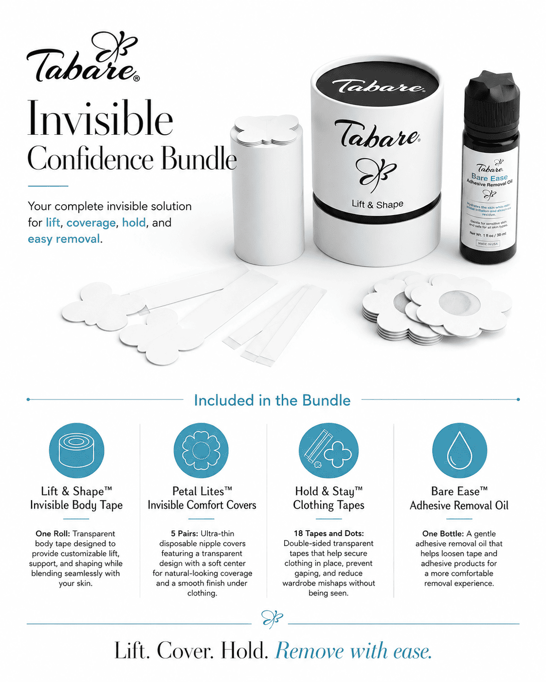 Tabare Invisible Confidence Bundle with Breast Lift Tape, Nipple Covers and Double-sided Fashion and Clothing Tapes